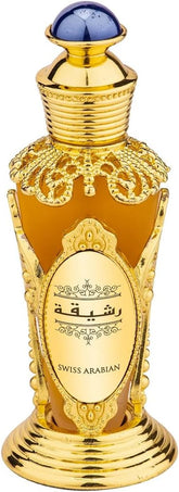 Swiss Arabian Rasheeqa perfume oil bottle with ornate gold detailing and amber-colored fragrance